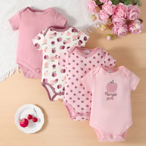 4pcs Set Of Baby Girl Short Sleeved Triangle Jumpsuit
