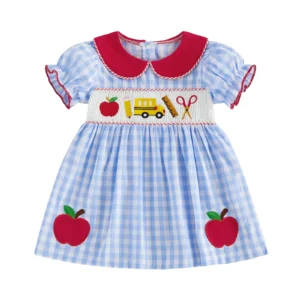 Girls Back to School Dress with Cute Apple Embroidery