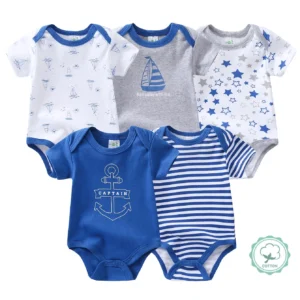 5pcs Baby Boy Triangle Rompers, Creative Baby Bodysuits, Short Crawler Onesies, Short Sleeve Jumpsuits with Sailboat Pattern, Soft Breathable Casual Infant Clothes, Newborn Hospital Essentials, Bargain, for Outdoor