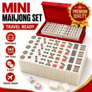 144 Tiles Mini Mahjong Game Set with 2 Dice and Red Carry Storage Case