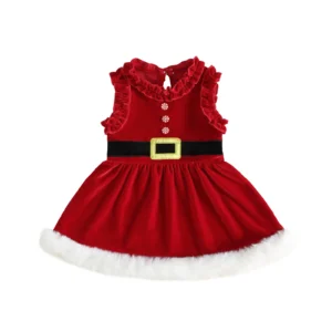Velvet Fur Trim Santa Baby Girl Velvet Christmas Sleeveless