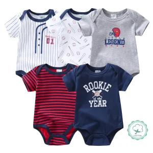 5pcs Baby Short Sleeve Rompers, Cotton Baby Boy Bodysuits