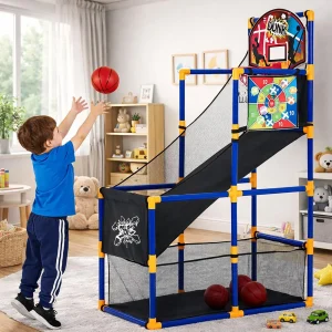 2-in-1 Kids Basketball Arcade Game Set, Adjustable Indoor Outdoor Hoop With Ball Return Ramp