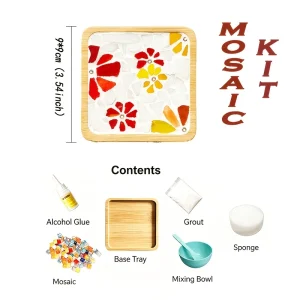 DIY Mosaic Coaster Craft Kit,Each3 bamboo base options: Round, Red‑Square, Blue‑Square.